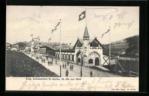 AK St. Gallen, Eidgenössisches Schützenfest 1904, Strassenpartie mit Festhalle