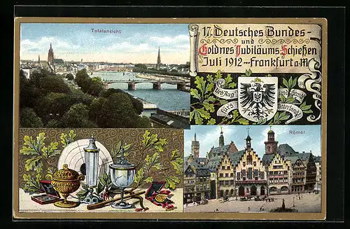 AK Frankfurt a. M., 17. Deutsches Bundes- und Goldnes Jubiläums-Schiessen 1912, Totalansicht, Römer