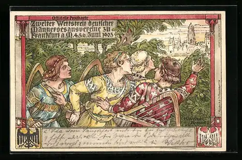 Künstler-AK Frankfurt a. M., Zweiter Wettstreit deutscher Männergesangsvereine 1903, Sänger schauen auf die Stadt