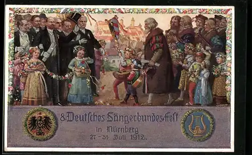 Künstler-AK Nürnberg, 8. Deutsches Sängerbundesfest 1912, Alter Mann und Junge mit Lauten