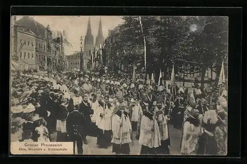 AK Köln a. Rh., XX. Intern. Eucharistischer Kongress 1909, Grosse Prozession mit Äbten, Bschischöfen und Erzbischöfen