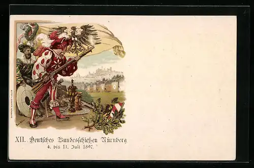 Lithographie Nürnberg, XII. Deutsches Bundesschiessen 1897, Schütze mit Gewehr, Ganzsache