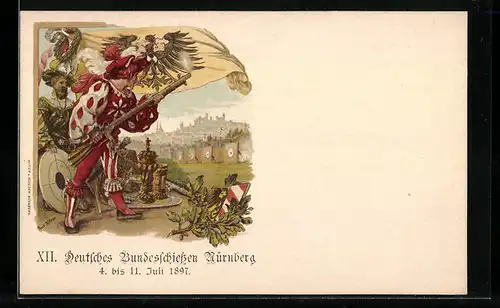 Lithographie Nürnberg, XII. Deutsches Bundesschiessen 1897, Schütze mit Gewehr, Ganzsache