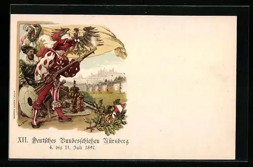 Lithographie Nürnberg, XII. Deutsches Bundesschiessen 1897, Schützen auf dem Schiessplatz, Ganzsache