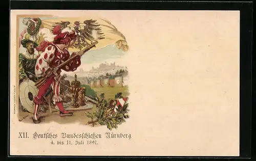 Lithographie Nürnberg, XII. Deutsches Bundesschiessen 1897, Schützen auf dem Schiessplatz, Ganzsache