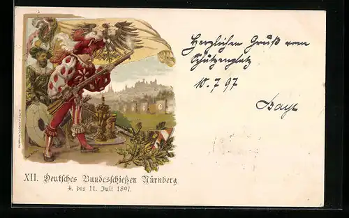 Lithographie Nürnberg, XII. Deutsches Bundesschiessen 1897, Schützen auf dem Schiessplatz, Ganzsache