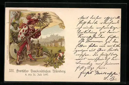 Lithographie Nürnberg, XII. Deutsches Bundesschiessen 1897, Schütze mit Gewehr, Ganzsache