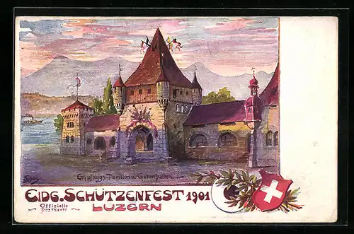 Künstler-AK Luzern, Eidgenössisches Schützenfest 1901, Empfangs-Pavillon und Gabenhallen