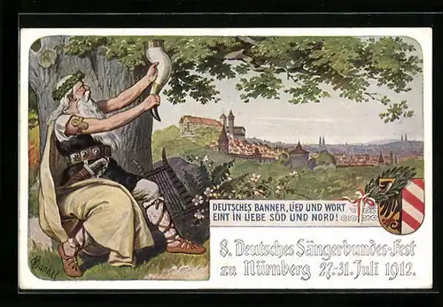 Lithographie 8. Deutsches Sängerbundes-Fest zu Nürnberg 1912, Germane mit Trinkhorn, Wappen