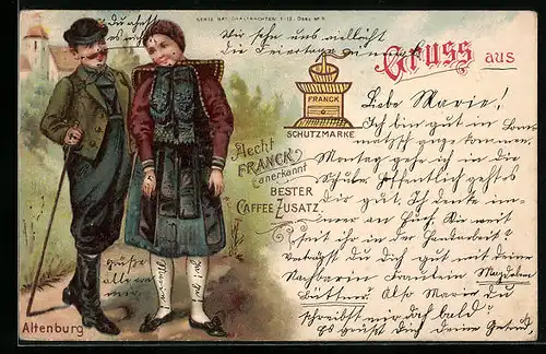 Lithographie Altenburg, Altenburger Tracht und Werbung für Aecht Franck Kaffee, Kaffeemühle