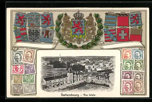 AK Bettembourg, Vue Totale, Wappen mit Briefmarken