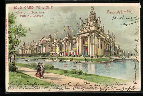 Lithographie St. Louis, World Fair 1904, Ausstellung, Electricity Building, Halt gegen das Licht