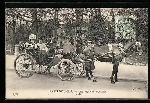 AK Paris, Les Femmes Cocher, Kutscherin auf Kutsche der Valentins Company, Emanzipation
