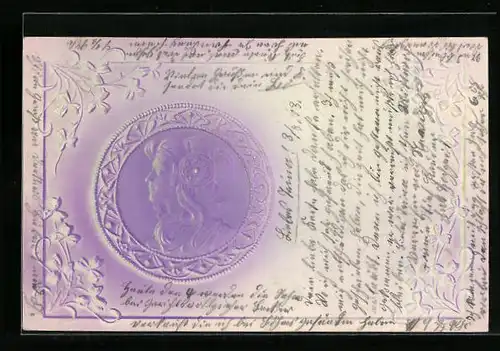 Präge-Airbrush-AK Frauenkopf im Jugendstil