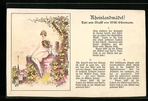 AK Lied Rheinlandmädel!, Mädchen mit Blumenkranz vor Stadtkulisse