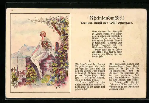 AK Lied Rheinlandmädel, Mädchen vor Stadtkulisse