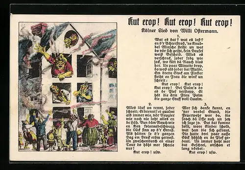 AK Kölner Lied Rut erop Rut erop Rut erop!, Haus in Flammen