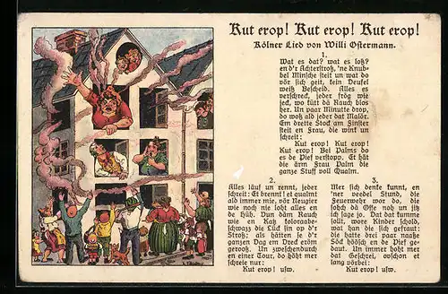 AK Kölner Lied Rut erop Rut erop Rut erop!, Brennendes Haus