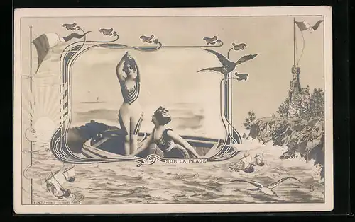 AK Zwei junge Damen in Bademode im Boot am Meer