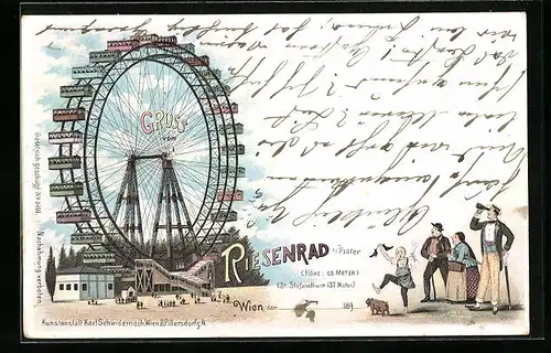 Lithographie Wien, Riesenrad im Wiener Prater mit Besuchergruppe