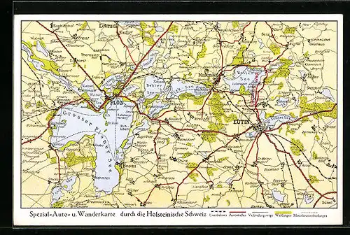 Künstler-AK Eutin, Landkarte mit Plön, Bösdorf und Biek-See