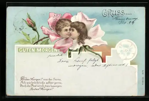 AK Guten Morgen, Kinderpaar in Blumen, Metamorphose