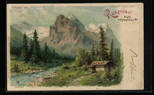 Lithographie Rosenlaui, Blick zum Well- und Wetterhorn, Halt gegen das Licht