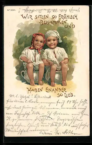 AK Kinderpaar sitzt auf Nachttöpfen, Toilettenhumor