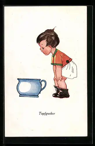 AK Junge schaut in den Nachttopf, Toilettenhumor