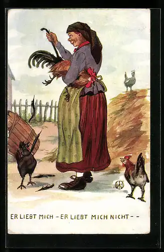 Künstler-AK Bäuerin rupft Hahn die Federn, Er liebt mich - Er liebt micht nicht ..., Scherz