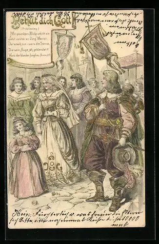 Präge-Lithographie Behüt Dich Gott!, Fridolinstag, Mit gesenktem Blicke schritt sie Jetzt vorüber an Jung Werner ...
