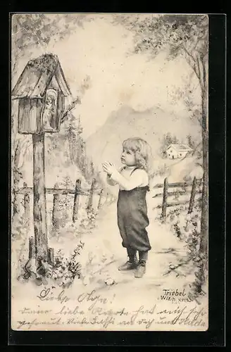 Lithographie Kindchen mit gefalteten Händen an einem Wegekreuz