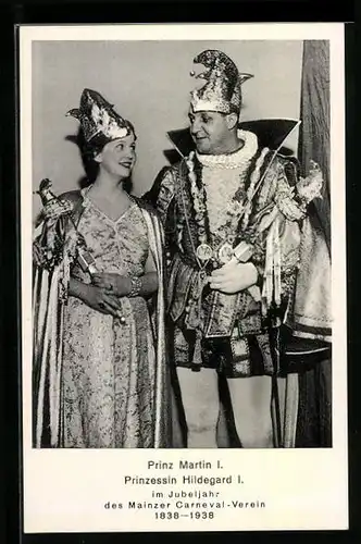 AK Mainz, Prinz Martin I. und Prinzessin Hildegard I. im Jubeljahr des Mainzer Carneval-Verein 1838-1938