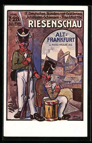 AK Alt-Frankfurt, 17. Deutsches Bundes- u. Goldenes Jubiläums-Schiessen 1912, Zwei historische Soldaten, Schützenverein