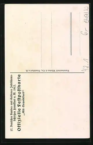 AK Alt-Frankfurt, 17. Deutsches Bundes- u. Goldenes Jubiläums-Schiessen 1912, Zwei historische Soldaten, Schützenverein