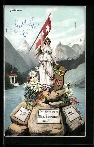 Künstler-AK Zürich, Zur Erinnerung an das Eidgenössische Sängerfest 1905, Helvetia mit Fahne