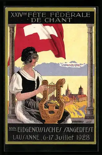 Künstler-AK Lausanne, XXIV. Eidgen. Sängerfest 1928, Schweizerin mit Lyra und Flagge am Stadtrand sitzend