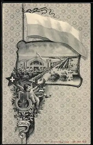 AK Zürich, Sängerfest 1905, Festhalle, Engel mit Harfe