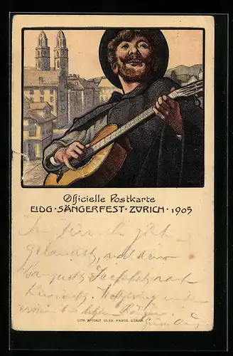 Künstler-AK Zürich, Eidgen. Sängerfest 1905, Musikant mit Gitarre
