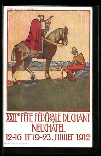 Künstler-AK Neuchâtel, XXIIme Fête Fédérale de Chant 1912, Älterer Mann mit Harfe zu Pferde
