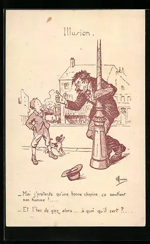 Künstler-AK Illusion, Moi j`prétends qu`une bonne chopine ca soutient son homme! ..., Trinkerhumor