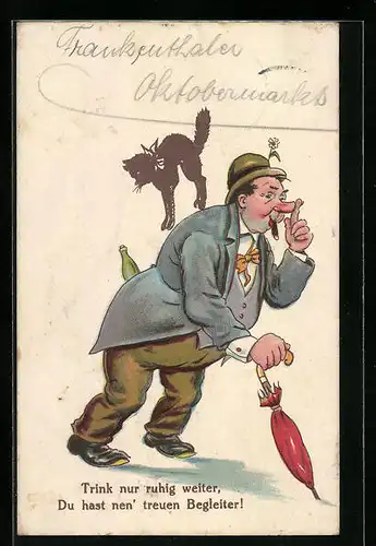 Künstler-AK Trink nut ruhig weiter, Du hast nen` treuen Begleiter, Kater, Trinkerhumor