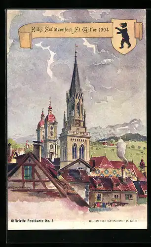 Lithographie St. Gallen, Eidg. Schützenfest 1904, Ortspartie, Wappen