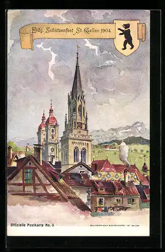 Lithographie St. Gallen, Eidg. Schützenfest 1904, Ortspartie, Wappen