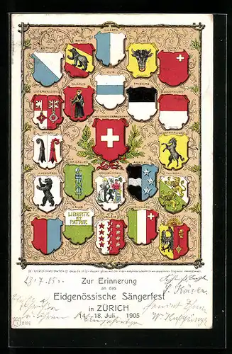 Künstler-AK Zürich, Wappen aller Schweizer Kantone, Eidgenössisches Sängerfest 1905