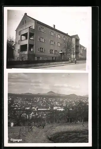 AK Göppingen, Blick über den Bahnhof nach der Stadt, Wohnhaus Neubau in der Stadt