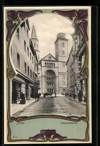 AK Zittau, Blick zu der Johanniskirche mit Geschäften