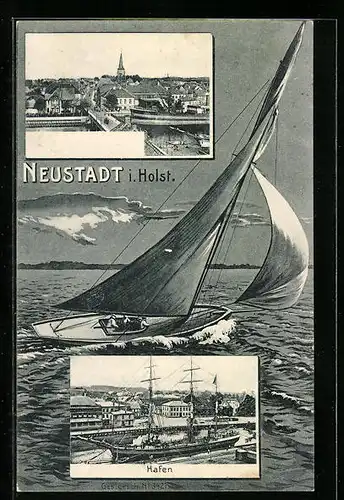 AK Neustadt i. Holst., Segelschiff im Hafen, Schiff Naval an der Brücke