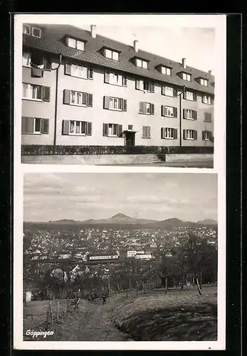 AK Göppingen, Wohnhausblock in der Stadt und Blick über den Bahnhof auf die Stadt