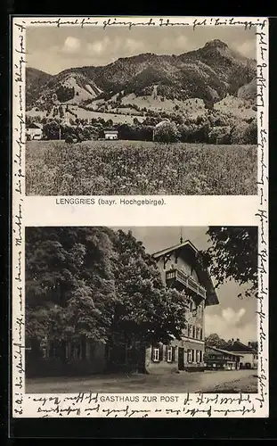 AK Lenggries, Partie am Gasthaus zur Post, Blick zur Stadt